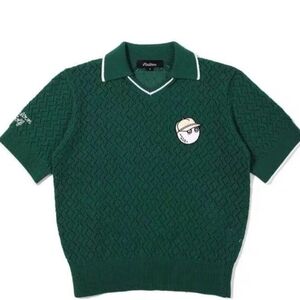 NEW malbon Green V-Neck Knit Polo Sweater with Embroidered Character Patch